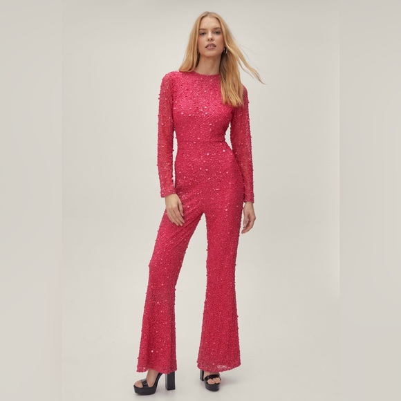 NWT NASTY GAL ~ Hot Pink Spangle-Beaded sequin Jumpsuit w/ Flared Leg ~ Size 4 - Picture 2 of 3